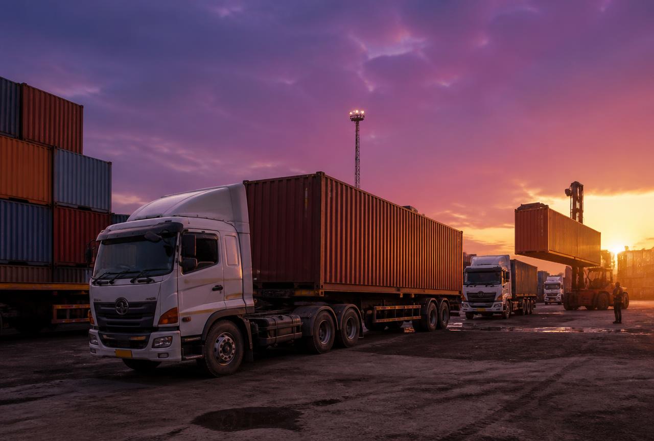 Trucks and containers at a Kenyan logistics yard at dusk